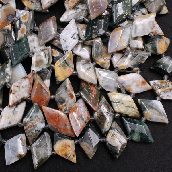 Natural Ocean Jasper Beads Faceted Kite Marquise Horse Eye Diamond Shape Center Drilled Flat Gemstone 16" Strand