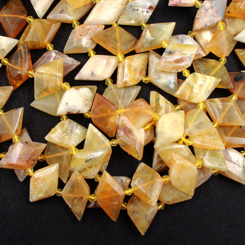 Natural African Yellow Opal Beads Faceted Kite Marquise Horse Eye Diamond Shape Center Drilled Flat Gemstone 16" Strand