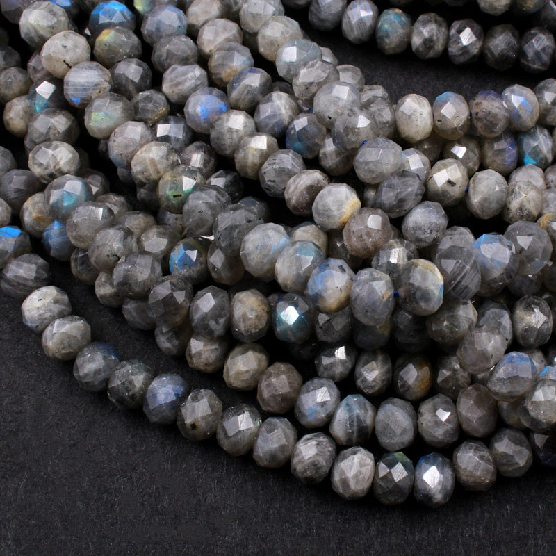 Large Chunky Flashy Natural Dark Gray Labradorite Faceted Rondelle 10mm Beads Strong Blue Rainbow Flash Beads 16" Strand