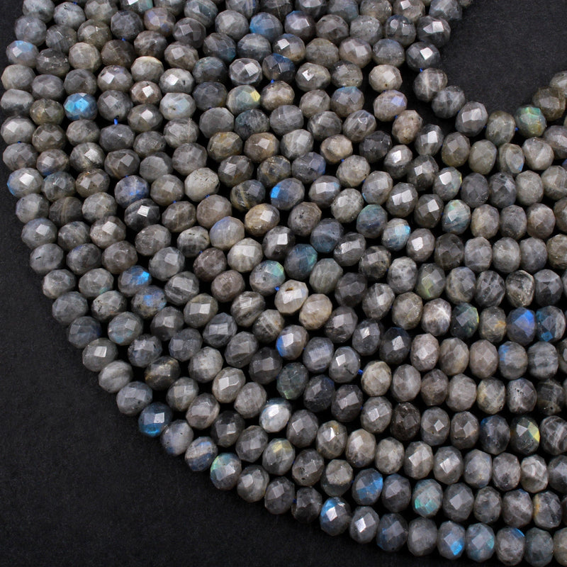 Large Chunky Flashy Natural Dark Gray Labradorite Faceted Rondelle 10mm Beads Strong Blue Rainbow Flash Beads 16" Strand