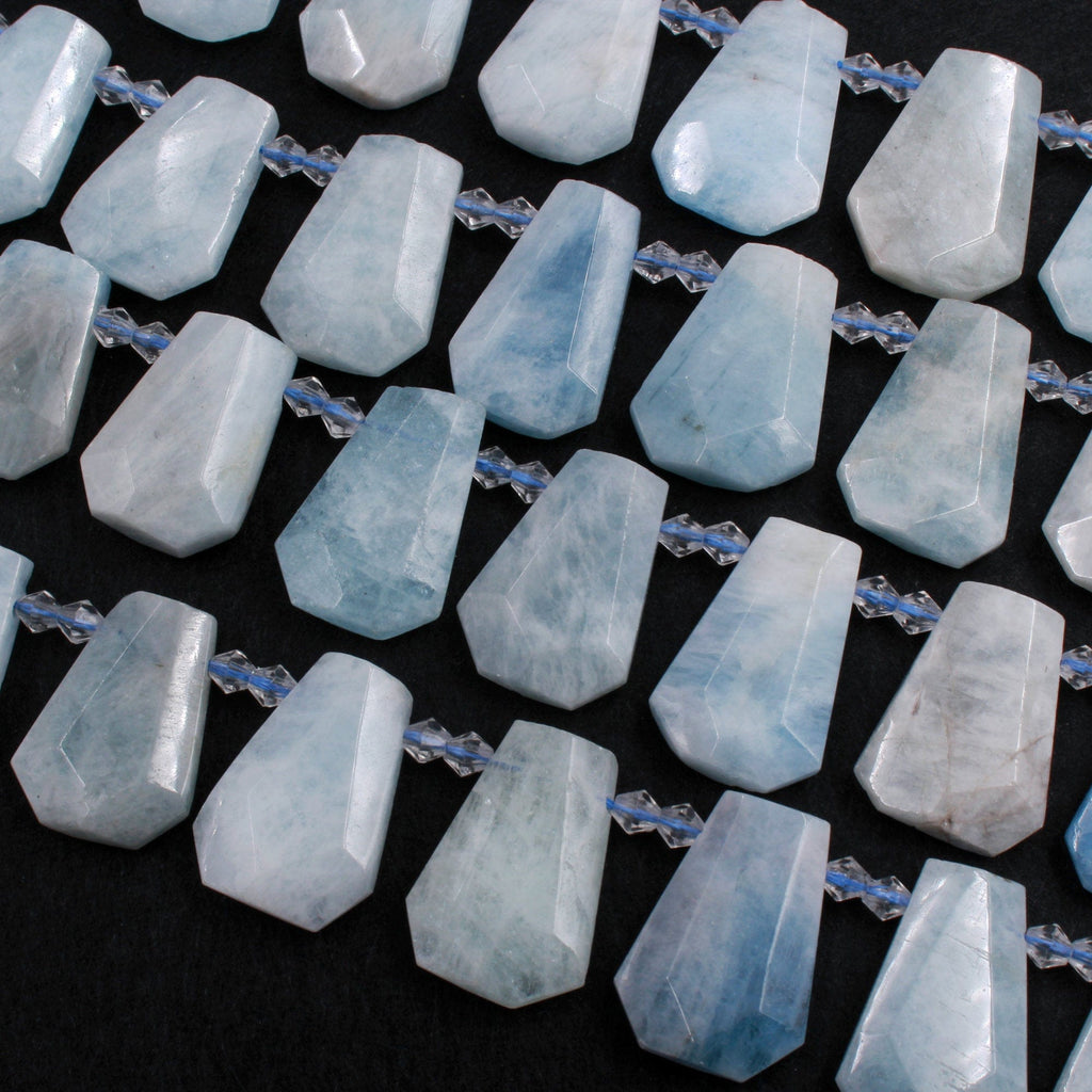 Natural Blue Aquamarine Faceted Trapezoid Rectangle Cushion Beads Unique Tapered Teardrop Shape Cut Good for Focal Pendant 16" Strand