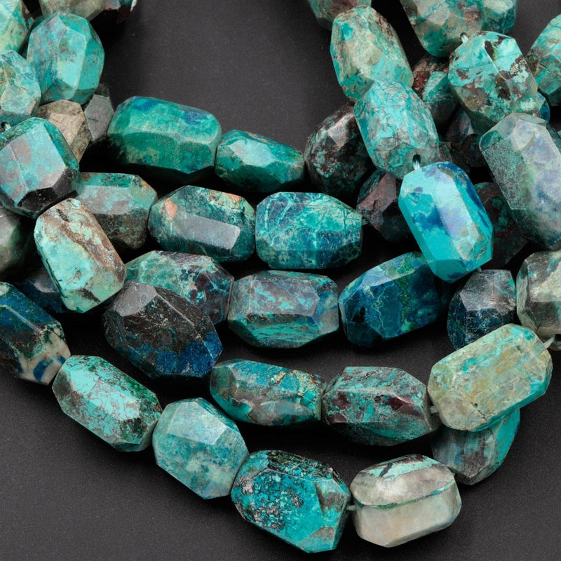 Large Faceted Natural Chrysocolla Beads Rectangle Nugget Freeform Vibrant Blue Green Chrysocolla Beads From Arizona 16" Strand