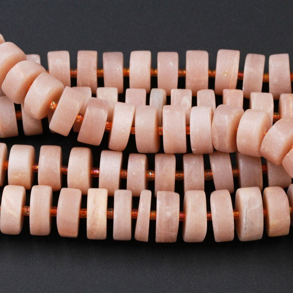 Natural Peach Moonstone Matte Rondelle Wheel Disc Coin Beads Smooth Plain High Quality Soft Peach Gemstone Beads Full 16" Strand