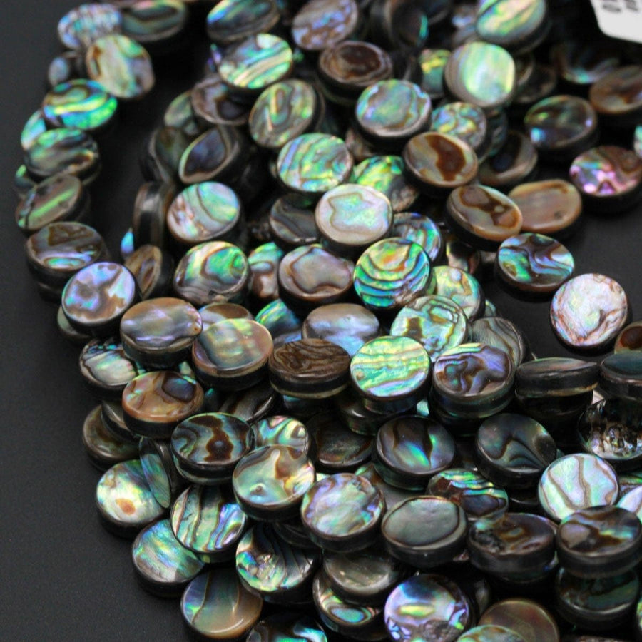 Abalone 8mm Coin Beads 10mm Coin Bead Iridescent Rainbow Glow Blue Green Red Pink Flash A Grade Real Genuine Natural Abalone 16" Strand