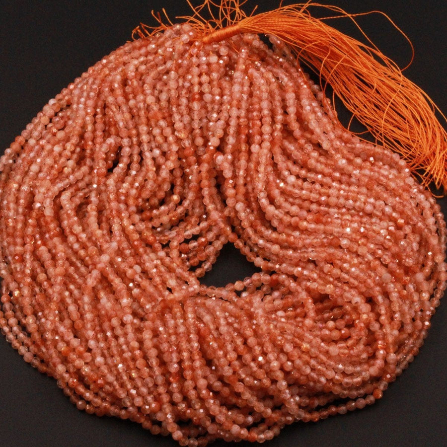 Fiery Natural Sunstone Round Beads 2.5mm 3mm 3.5mm Faceted AAA Quality Micro Faceted Tiny Small Diamond Cut Orange Gold Gemstone 16" Strand