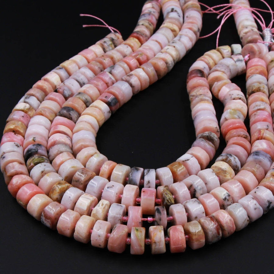 Natural Peruvian Pink Opal Rondelle Disc Wheel Heishi Nugget Beads Center Drilled Coin Large 16" Strand