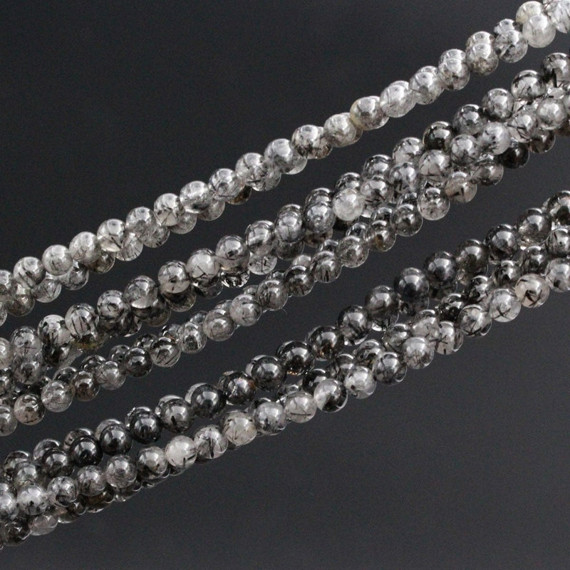 Black Tourmaline Rutilated Rutile Quartz Round Beads 5mm 6mm Round Beads Black Clear Quartz Beads Semi Precious Gemstone 16" Strand