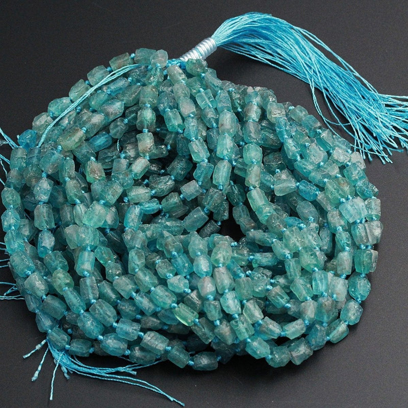 Extra Gemmy Raw Rough Natural Teal Blue Green Apatite Beads Frosty Matte Nuggets Rectangle Tube Beads Organic Natural Gemstone 16" Strand