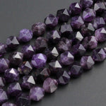 Star Cut Natural Dark Purple Amethyst Beads Faceted Nugget Geometric Cut Rounded 8mm 10mm Beads Diamond Cut Sparkling Gemstone 16" Strand