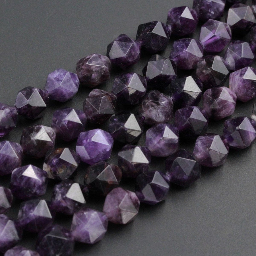 Star Cut Natural Dark Purple Amethyst Beads Faceted Nugget Geometric Cut Rounded 8mm 10mm Beads Diamond Cut Sparkling Gemstone 16" Strand