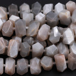 Natural Silvery Peach Gray Moonstone Beads Large Chunky Faceted Rectangle Nuggets Vertically Drilled High Quality Full 16" Strand