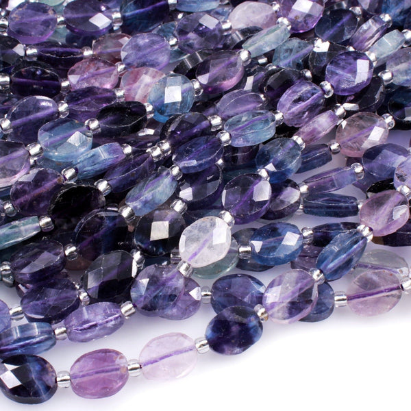 AAA Super Clear Natural Fluorite Faceted Oval Beads Sharp Facets Laser Diamond Cut Purple Green Blue Gemstone Beads 16" Strand