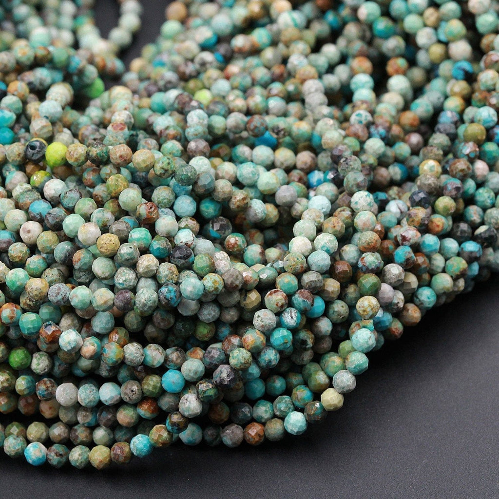 Natural Turquoise 3mm Faceted Round Beads Real Genuine Natural Blue Brown Green Turquoise Micro Faceted Laser Diamond Cut 16" Strand