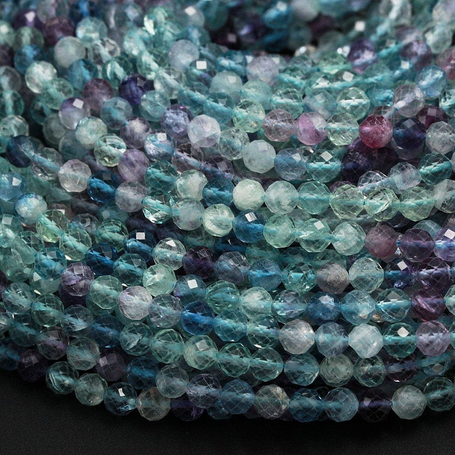 AAA Grade Gemmy Natural Rainbow Fluorite Faceted 2mm 3mm 4mm 6mm Round Beads Micro Faceted Teal Blue Purple Green Gemstone Bead 16" Strand
