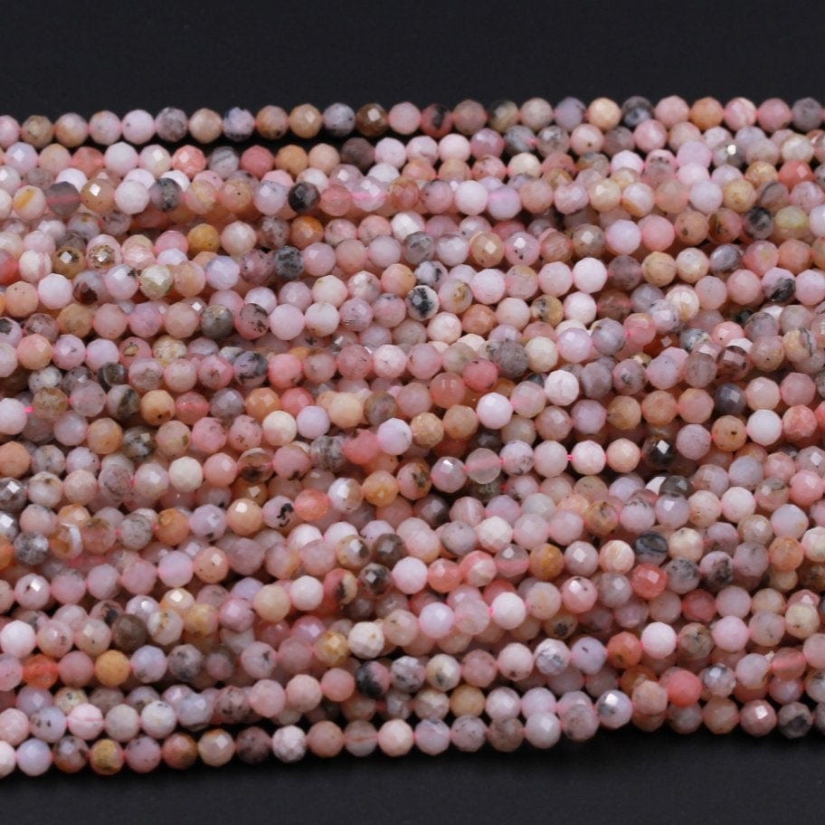 Micro Faceted Natural Peruvian Pink Opal 4mm Faceted Round Laser Diamond Cut Pink Gemstone 16" Strand
