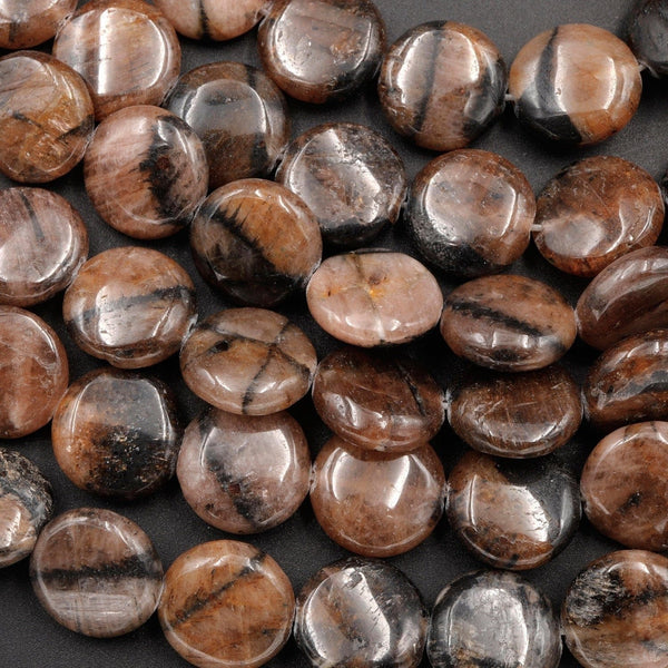 Rare Genuine Natural Chiastolite Andalusite Cross Stone 10mm Coin Beads Black Graphite Cross Traveler's Stone 16" Strand