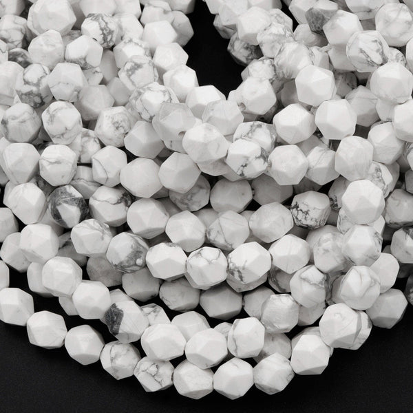 Star Cut Natural White Howlite Beads Faceted 6mm 8mm 10mm Rounded Nugget Sharp Facets 15" Strand