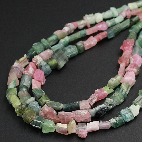 Raw Rough Natural Pink Green Tourmaline Beads Watermelon Large Multicolor Tourmaline Gemstone Freeform Irregular Nugget Chip 16" Strand