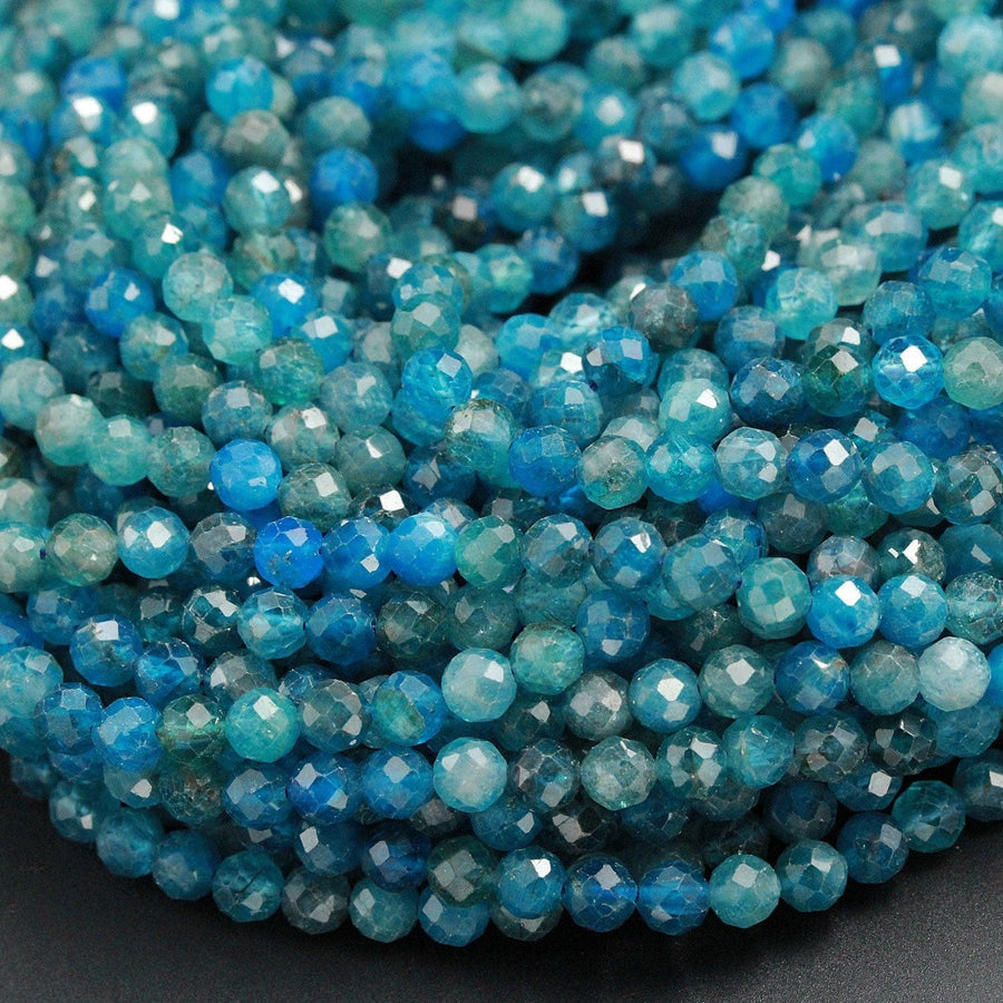A Grade Micro Faceted Small Natural Blue Apatite Round Beads 4mm 5mm 6mm Laser Diamond Cut Teal Blue Green Gemstone 16" Strand