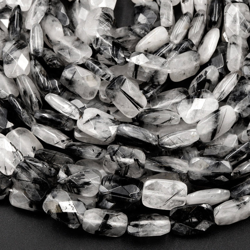 Black Rutilated Quartz Beads Faceted Cushion Rectangle 9mm 12mm Natural Black Tourmaline Rutile Quartz Semi Precious Gemstone 16" Strand