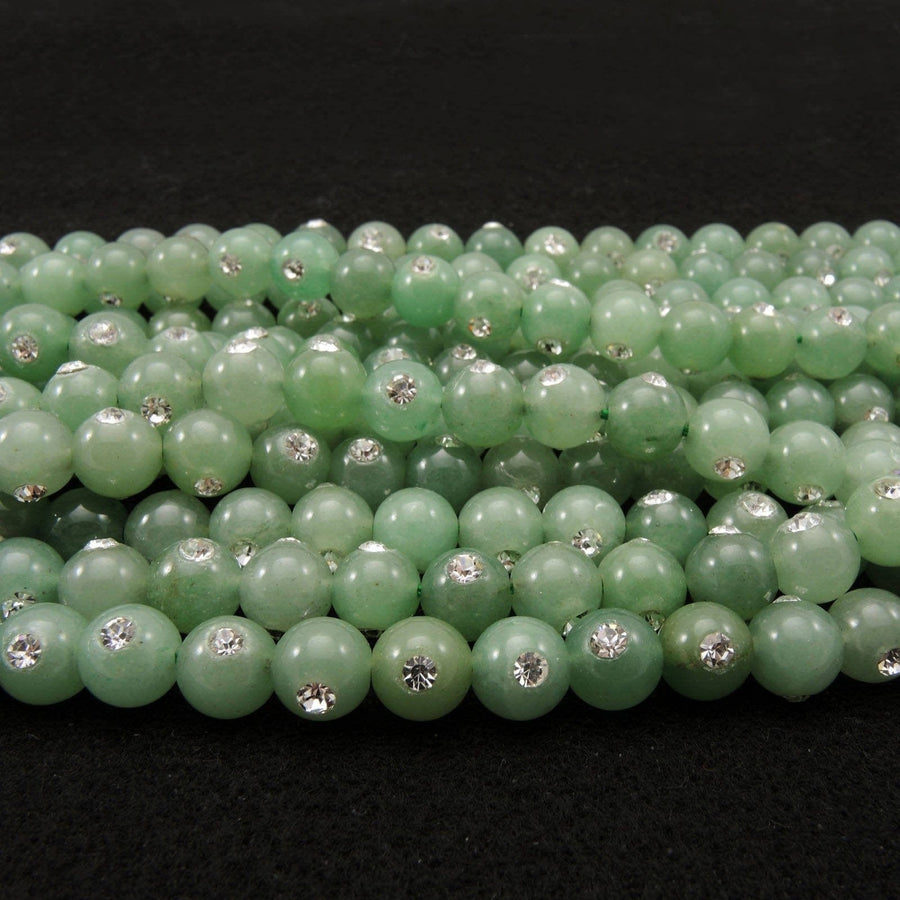 Natural Green Aventurine 8mm Round Beads Set With Sparkling Rhinstone Inlay 16" Strand