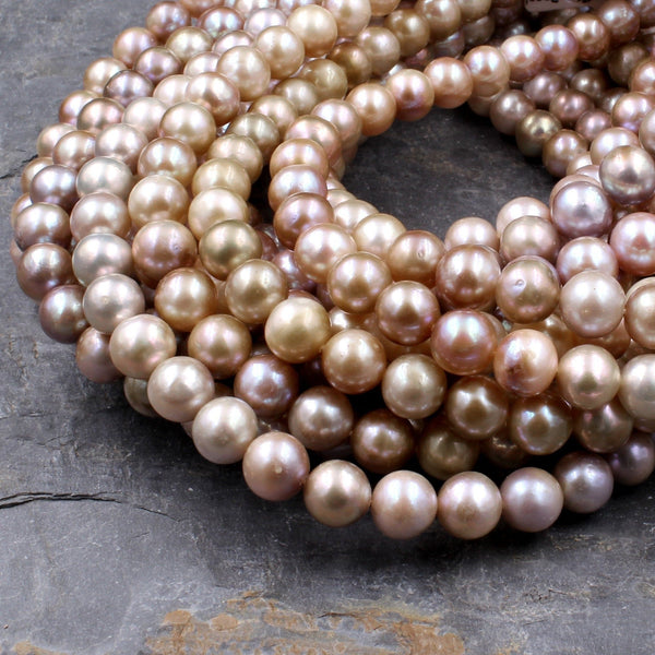 Genuine Freshwater Pearl 8mm Round Pearl Natural Shimmery Iridescent Pink Peach Gold Mauve Purple Colors 16" Strand