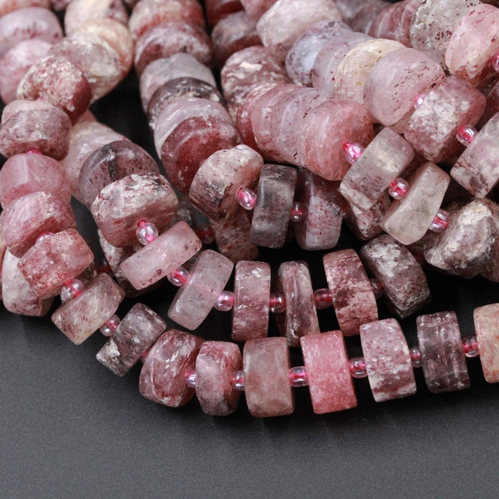 Natural Strawberry Lepidocrocite Quartz Matte Rondelle Disc Wheel Thick Nugget Beads Center Drilled Large Coin Pink Red Gemstone 16" Strand