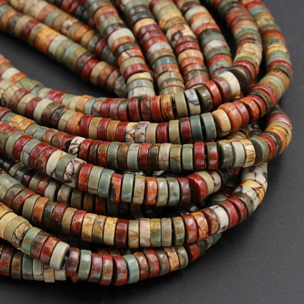 Red Creek Jasper Beads 8mm x 3mm Heishi Rondelle Disc High Quality Earthy Red Green Yellow Brown Multicolor Picasso Jasper 16" Strand