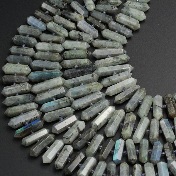 Natural Labradorite Beads Faceted Double Terminated Point Bullet Bicone Large Long Center Drilled Focal Labradorite Pendant Bead 16" Strand