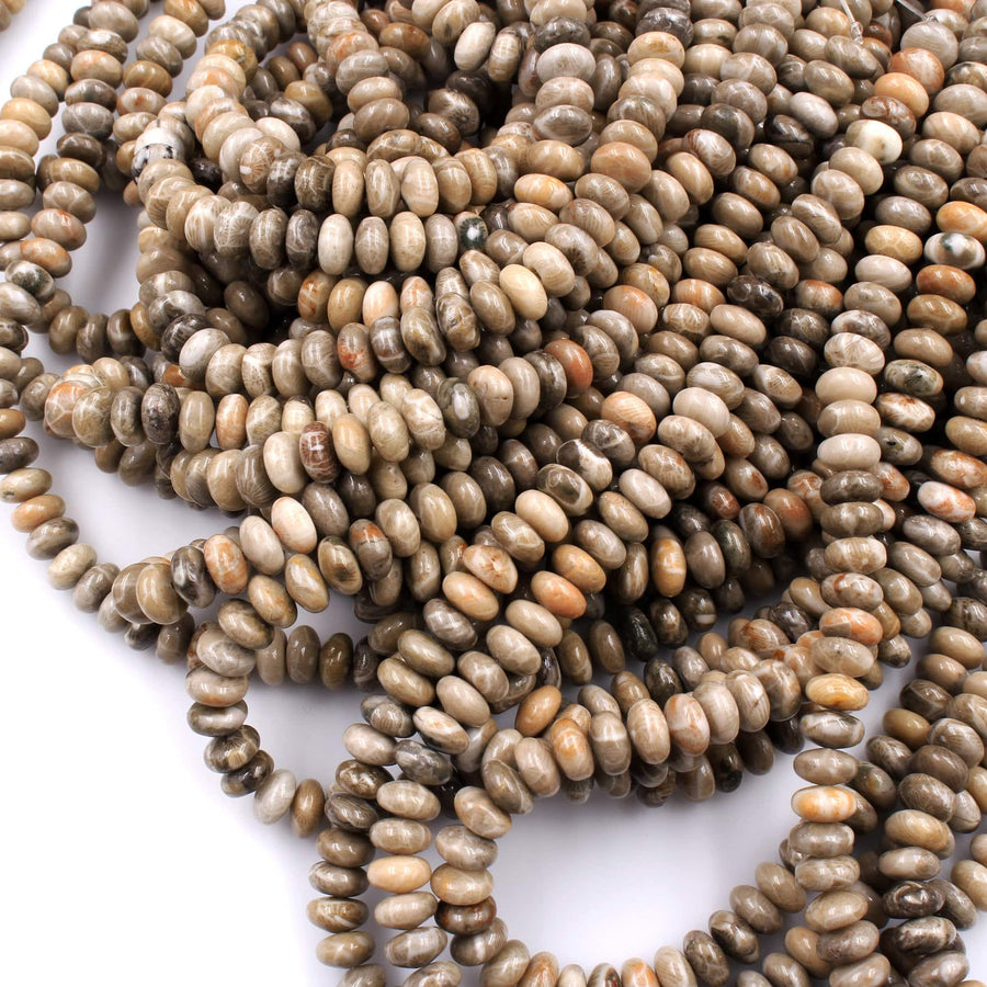 Natural Fossil Coral Rondelle 8mm Beads Earthy Brown Tan Beige Gray Beads 16" Strand