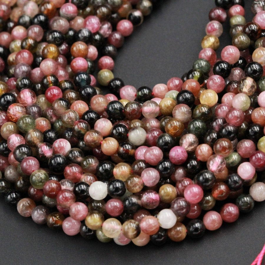 Natural Multicolor Pink Green Tourmaline Round Beads 4mm 6mm Colorful Spheres High Polish Real Genuine Tourmaline Gemstone Beads 16" Strand