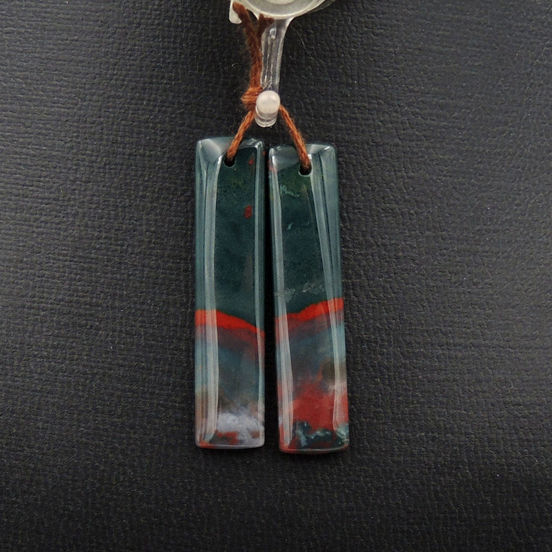 Drilled Gemstone Pair Natural Bloodstone Thin Long Rectangle Cabochon Cab Pair Matched Earrings Bead Pair Bright Green Red Stone
