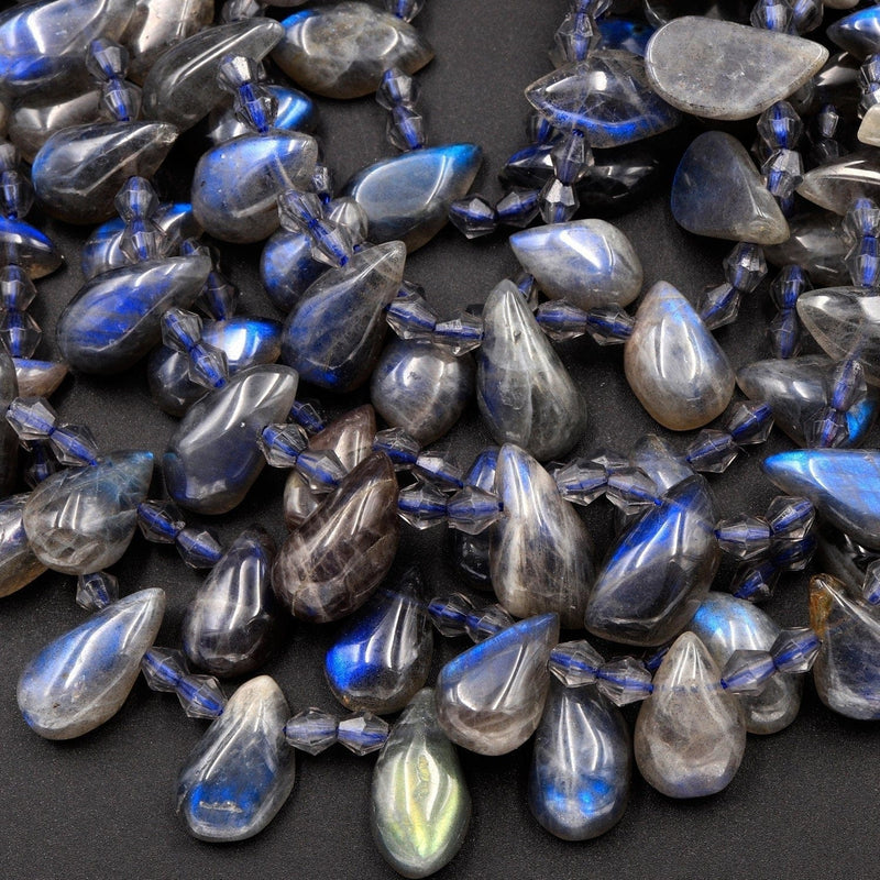 Natural Blue Labradorite Beads Small Teardrop Earring Beads 12mm Top Side Drilled Tons of Dark Blue Flashes 16" Strand