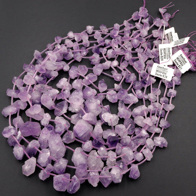 Raw Natural Amethyst Flower Beads Freeform Rough Organic Drop Nugget Light Purple Gemstone 16" Strand
