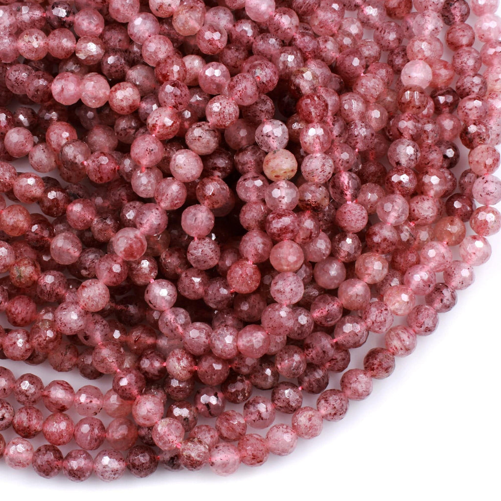 Micro Faceted Natural Red Pink Strawberry Quartz 7mm 8mm Round Beads AA Laser Diamond Cut Sparkling Gemstone 16" Strand