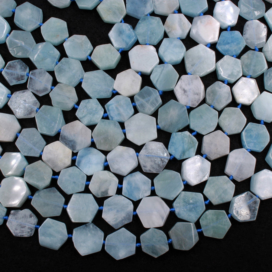 Natural Aquamarine Hexagon Beads Thin Flat Slab Cushion Nugget Slice Pendant Focal Beads 15.5" Strand