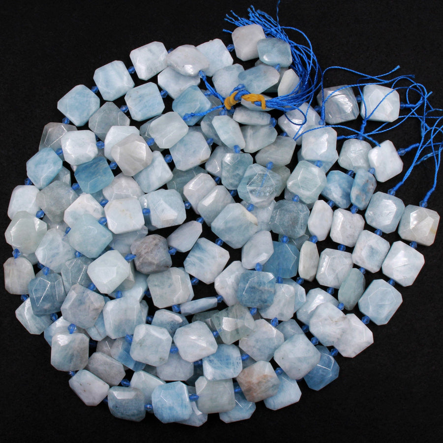 Natural Aquamarine Beads Faceted Square Hexagon Cushion Beads 15.5" Strand