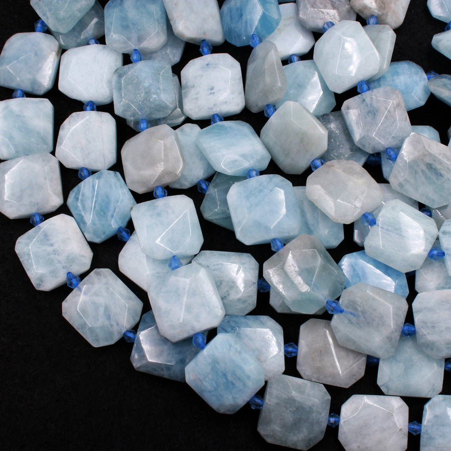 Natural Aquamarine Beads Faceted Square Hexagon Cushion Beads 15.5" Strand