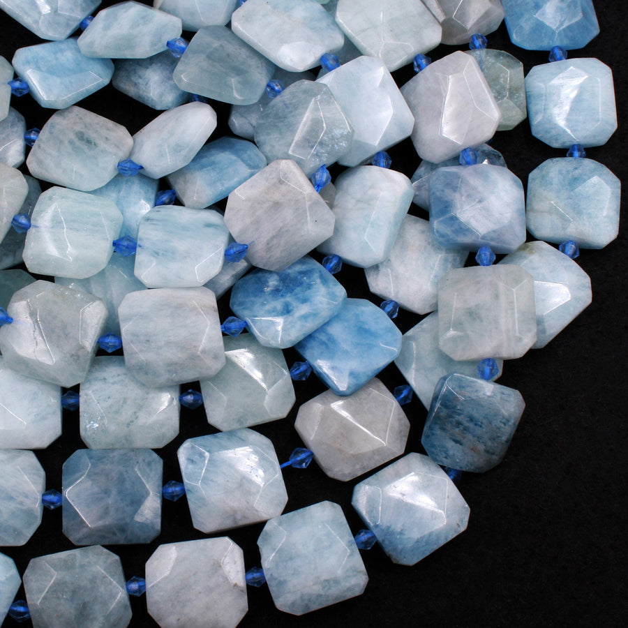 Natural Aquamarine Beads Faceted Square Hexagon Cushion Beads 15.5" Strand