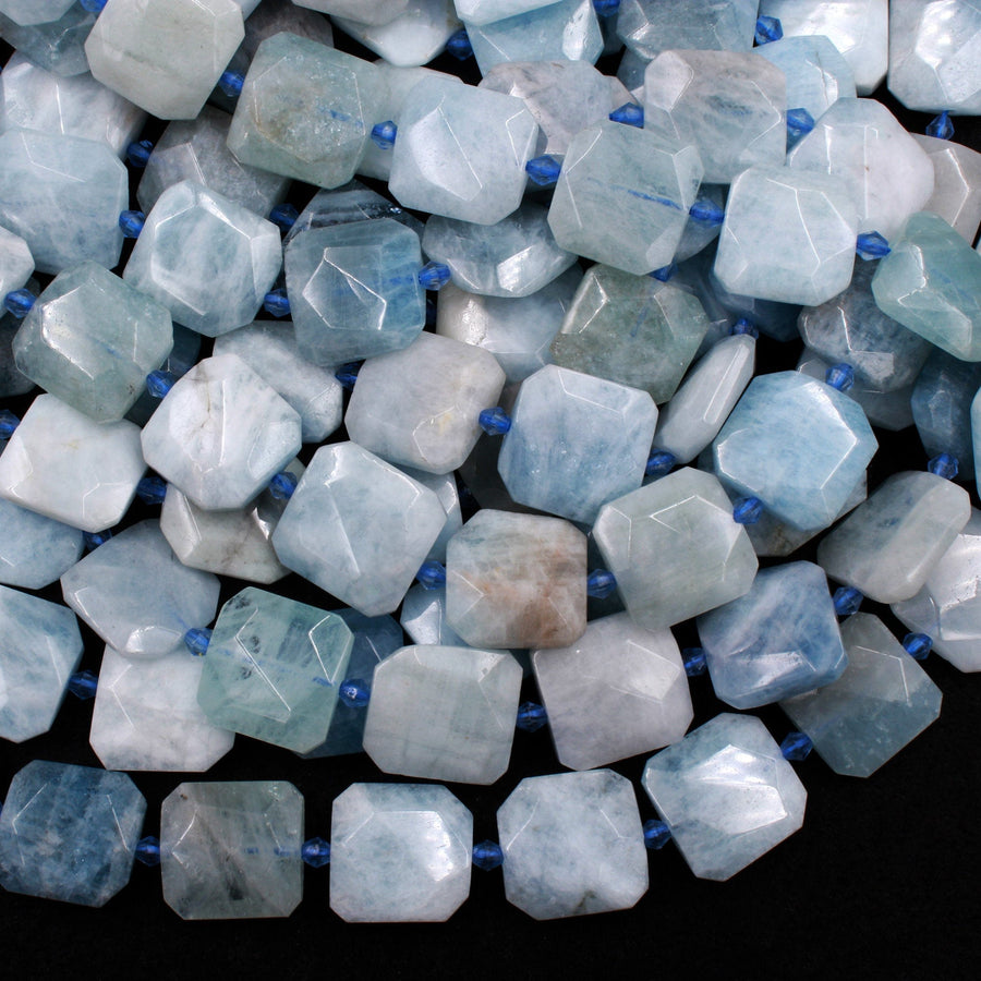 Natural Aquamarine Beads Faceted Square Hexagon Cushion Beads 15.5" Strand