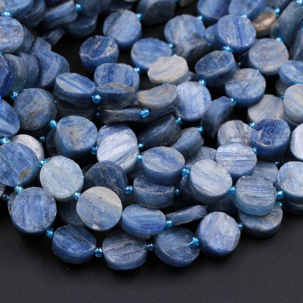 Kyanite Coin Beads Raw Organic Natural Blue Kyanite Coin Beads Vertically Drilled Rough Cut Coin 16" Strand