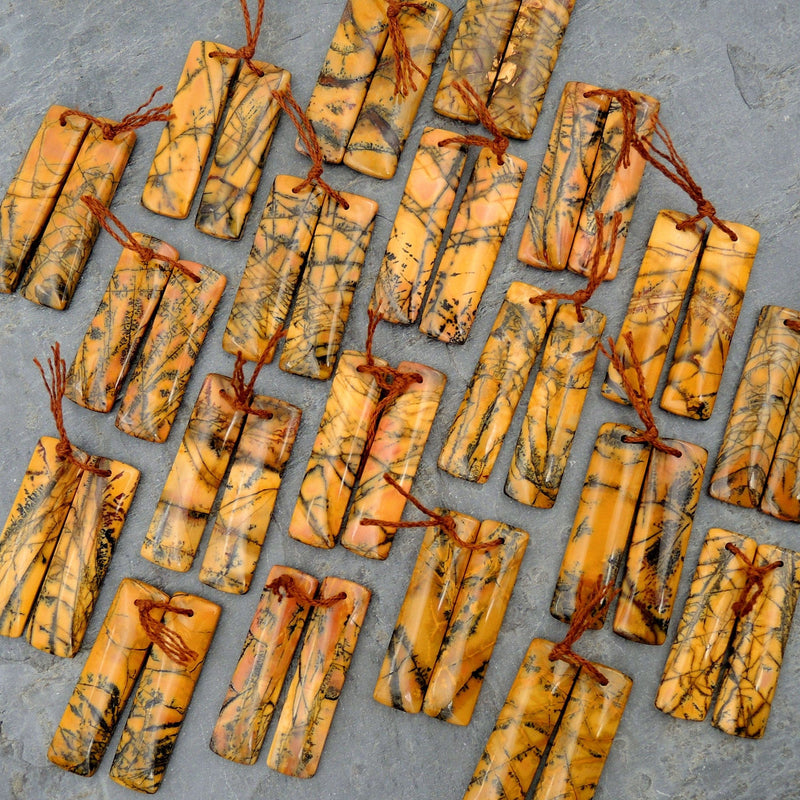 Drilled Rare Natural Utah Black Feather Jasper Earring Cabochon Cab Pair Rectangle Matched Gemstone Bead Pair American Jasper