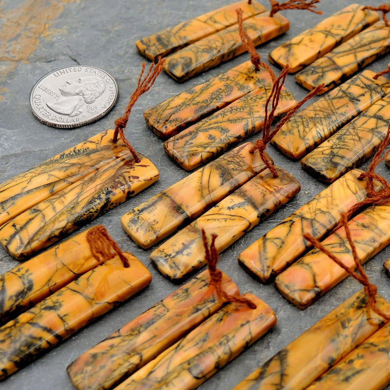Drilled Rare Natural Utah Black Feather Jasper Earring Cabochon Cab Pair Rectangle Matched Gemstone Bead Pair American Jasper