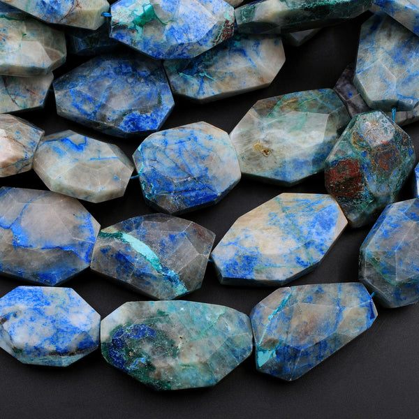 Large Faceted Natural Chrysocolla Beads Nuggets Vibrant Blue Chrysocolla In Quartz Beads From Arizona 16" Strand