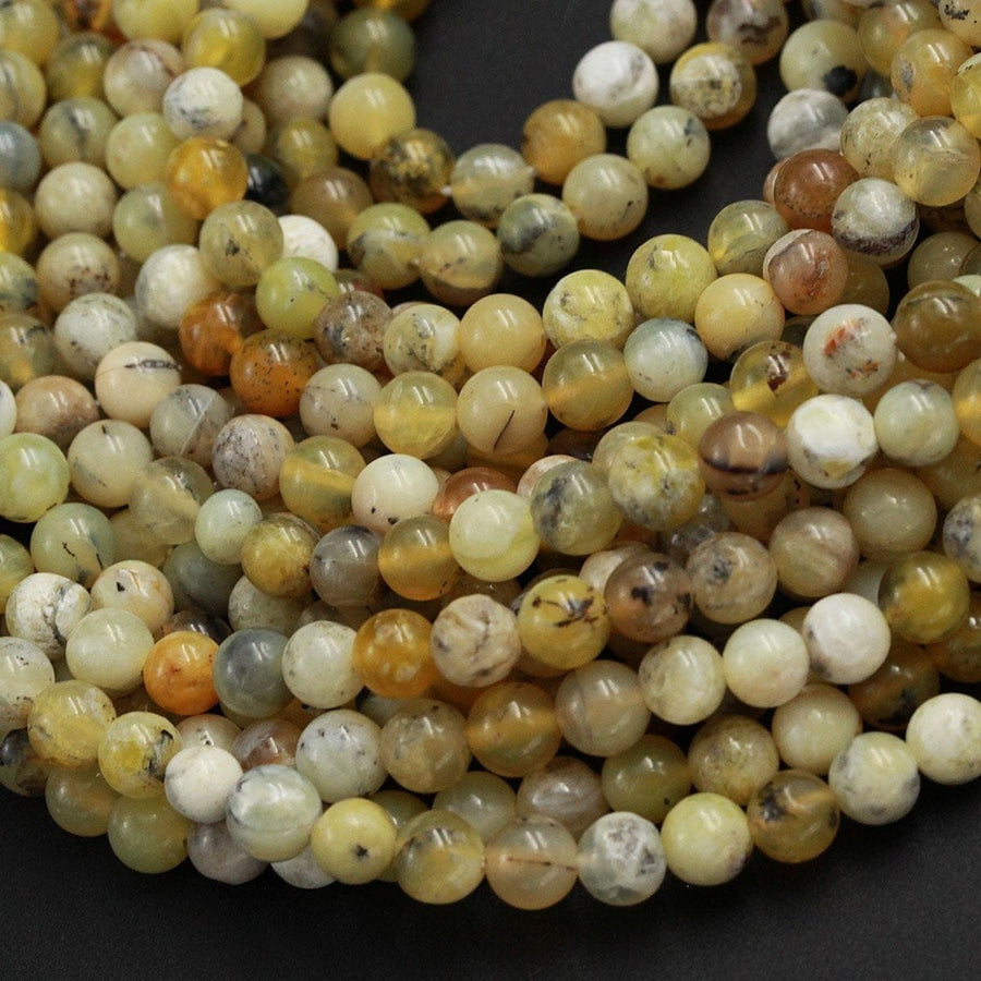 Natural African Yellow Opal Beads Dendritic Opal 6mm Round Beads Real Genuine Milky Yellow Opal Gemstone Black Dendritic Pattern 16" Strand