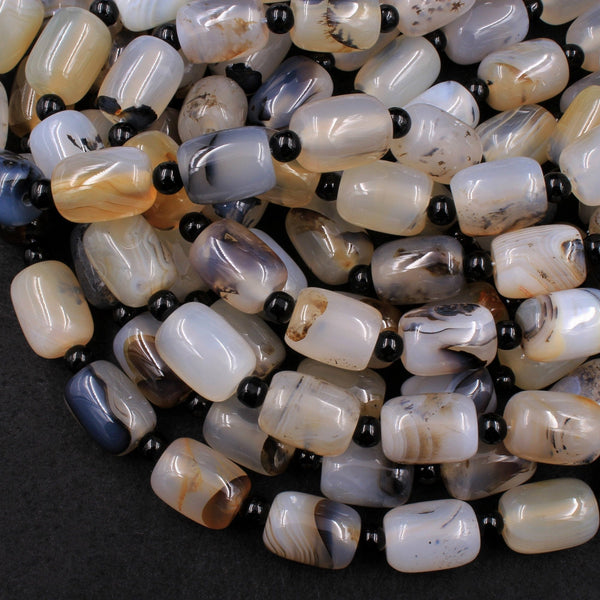 Natural Montana Agate Rounded Cylinder Barrel Drum Beads Highly Polished Amazing Scenic Pattern High Quality Black White Beads 16" Strand