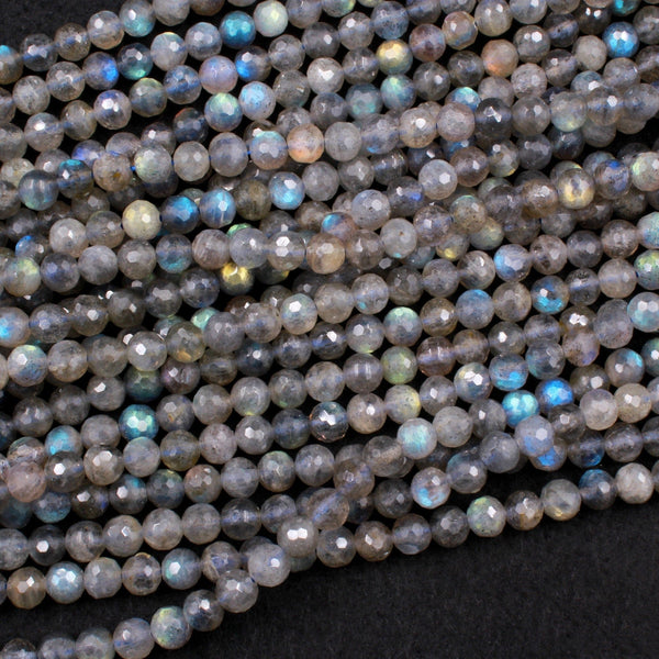 Faceted Labradorite 4mm 6mm Round Beads AA Quality Tons of Flashes Micro Faceted Natural Blue Labradorite Round Beads 16" Strand