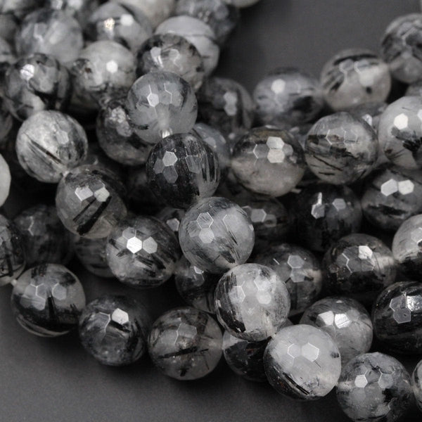 Black Tourmaline Rutilated Rutile Quartz Round Faceted 12mm AAA Grade Quality Natural Black Semi Precious Gemstone 16" 16" Strand