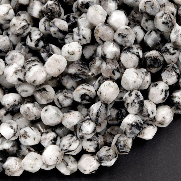 Star Cut Natural Black Zebra Jasper Faceted 8mm 10mm Rounded Nugget Sharp Facets 15" Strand