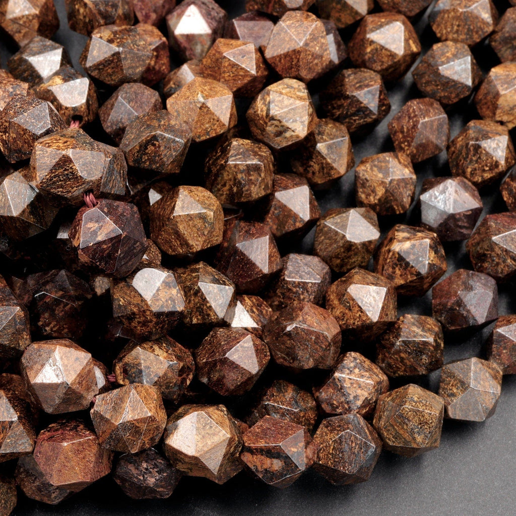 Natural Bronzite Faceted Nugget Star Cut Rounded 8mm Nugget 10mm Round Nugget 12mm Geometric Cut Beads Strand